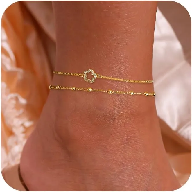 Ankle Bracelets for Women,Dainty Gold Anklet 14k Gold Plated Summer Pearl Anklets for Women Waterproof Non Tarnish Pearl Anklet Set Cute Beded Chain Anklets for Women Beach Gold Jewelry