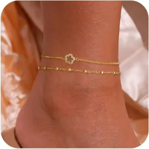 Ankle Bracelets for Women,Dainty Gold Anklet 14k Gold Plated Summer Pearl Anklets for Women Waterproof Non Tarnish Pearl Anklet Set Cute Beded Chain Anklets for Women Beach Gold Jewelry