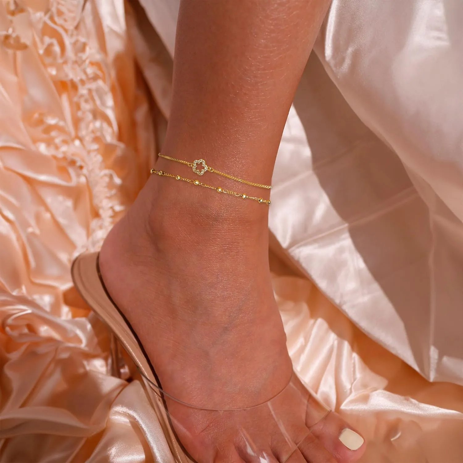 Ankle Bracelets for Women,Dainty Gold Anklet 14k Gold Plated Summer Pearl Anklets for Women Waterproof Non Tarnish Pearl Anklet Set Cute Beded Chain Anklets for Women Beach Gold Jewelry