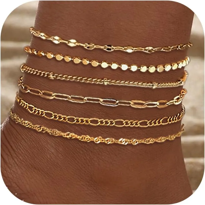 Ankles for Women 18k Gold Plated Anklet Bracelets Layered Cuban Snake Twist Disc Chain Anklet Set Adjustable