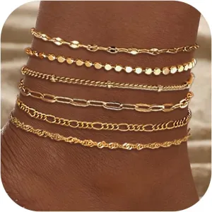 Ankles for Women 18k Gold Plated Anklet Bracelets Layered Cuban Snake Twist Disc Chain Anklet Set Adjustable