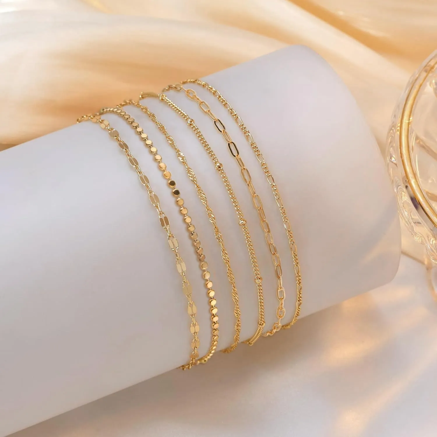 Ankles for Women 18k Gold Plated Anklet Bracelets Layered Cuban Snake Twist Disc Chain Anklet Set Adjustable
