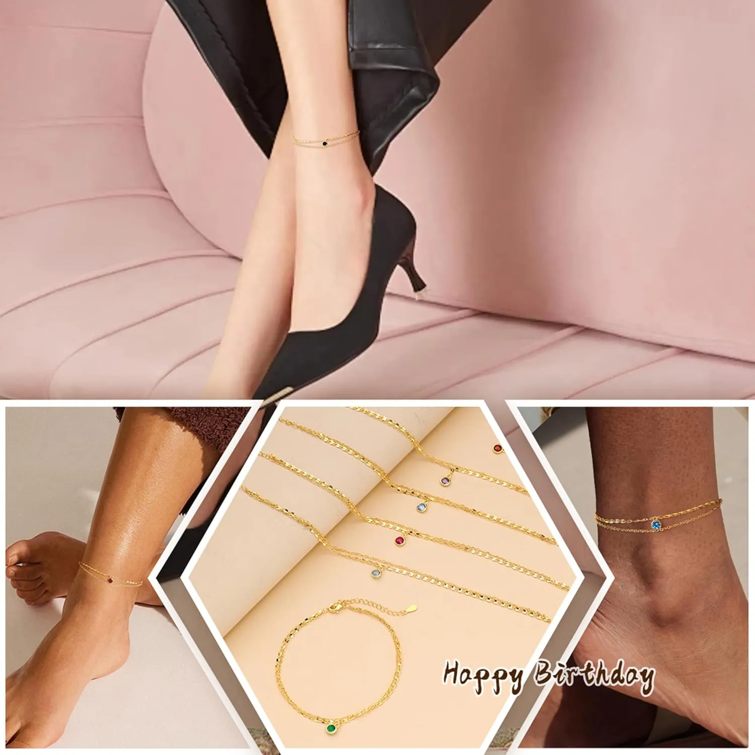 Anklet Bracelets for Women, Birthday Gifts for Women Gold Anklets for Women with Birthstone Birthday Gifts for Her 14k Plated Womens Ankle Bracelets Summer Jewelry for Girlfriend Sister Friend Daughter
