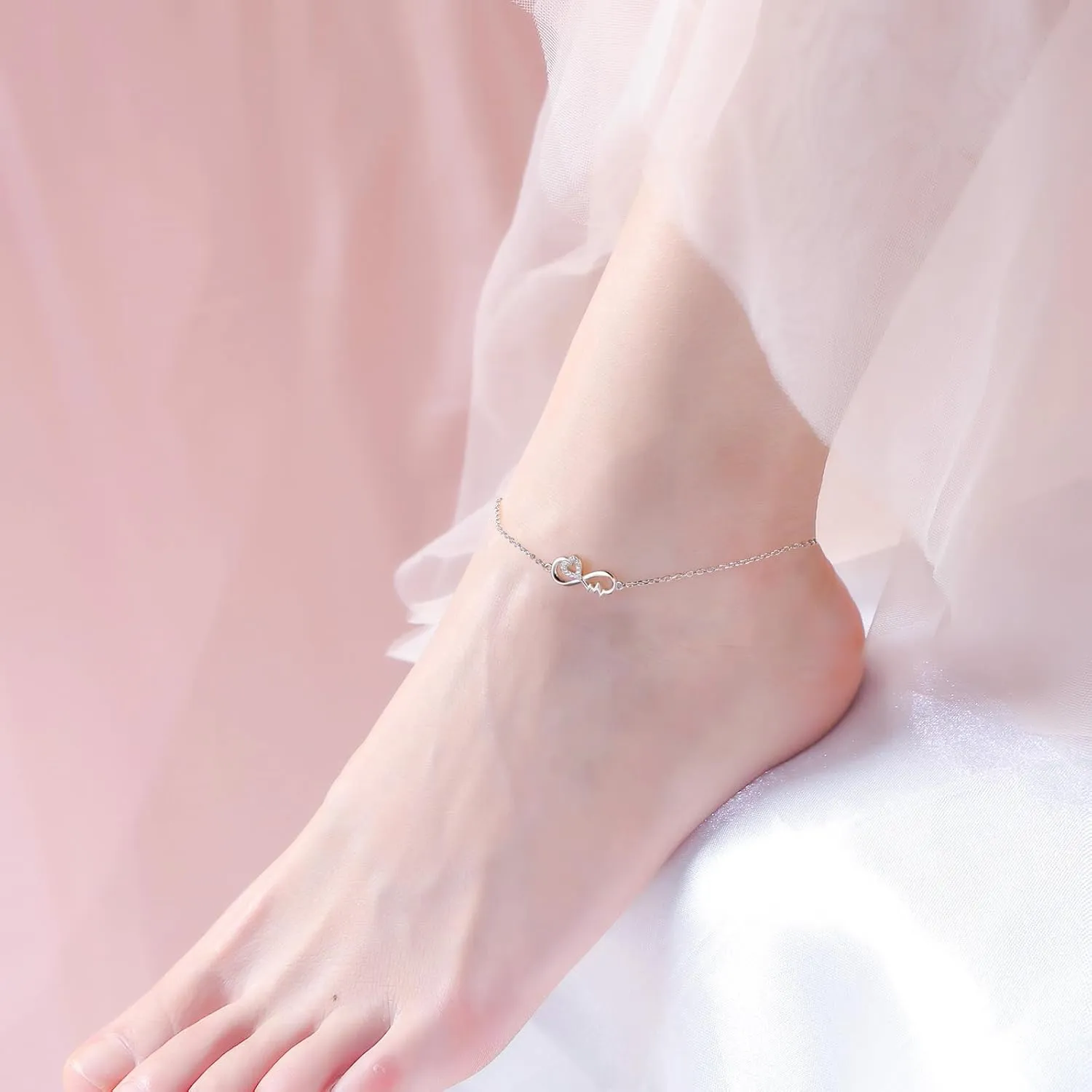 Anklet for Women Sterling Silver Dainty Bead Heart Infinity Star Letter Initial Boho Adjuatable Foot Ankle Bracelet for Women