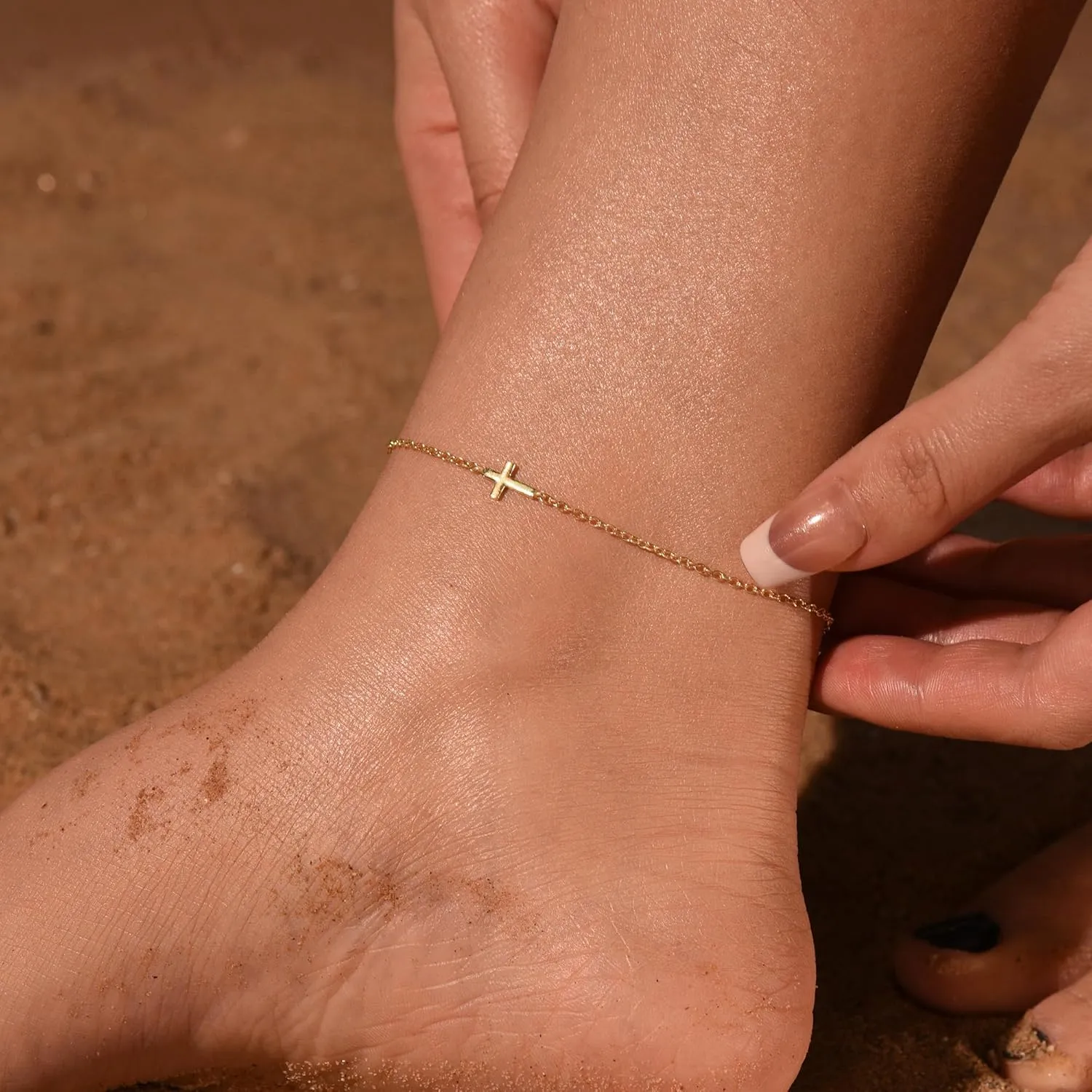Anklets for Women 14K Gold Plated Anklets Waterproof Ankle Bracelets for Women Silver Ankle Bracelet Layered Cross Satellite Bowknot Flower Pearl Beach Anklets Cute Jewelry Gift