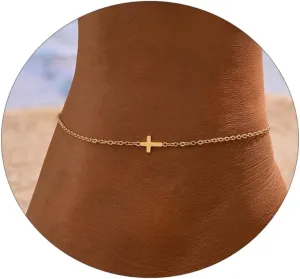Anklets for Women 14K Gold Plated Anklets Waterproof Ankle Bracelets for Women Silver Ankle Bracelet Layered Cross Satellite Bowknot Flower Pearl Beach Anklets Cute Jewelry Gift