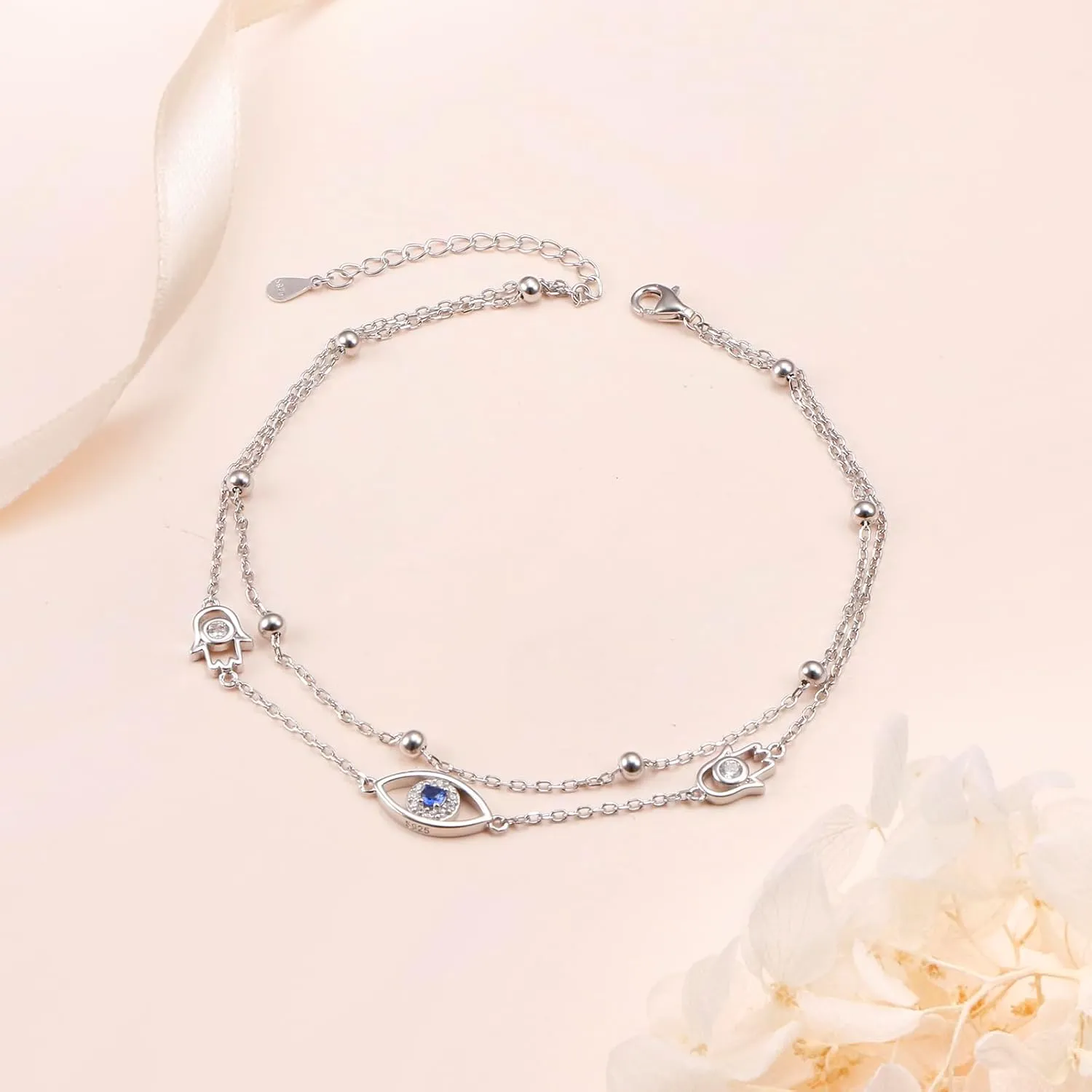 Anklets for Women 925 Sterling Silver Blue Evil Eye Infinity Butterfly Adjustable Multilayer Layered Summer Beach Ankle Bracelet Foot Chain Jewelry for Women