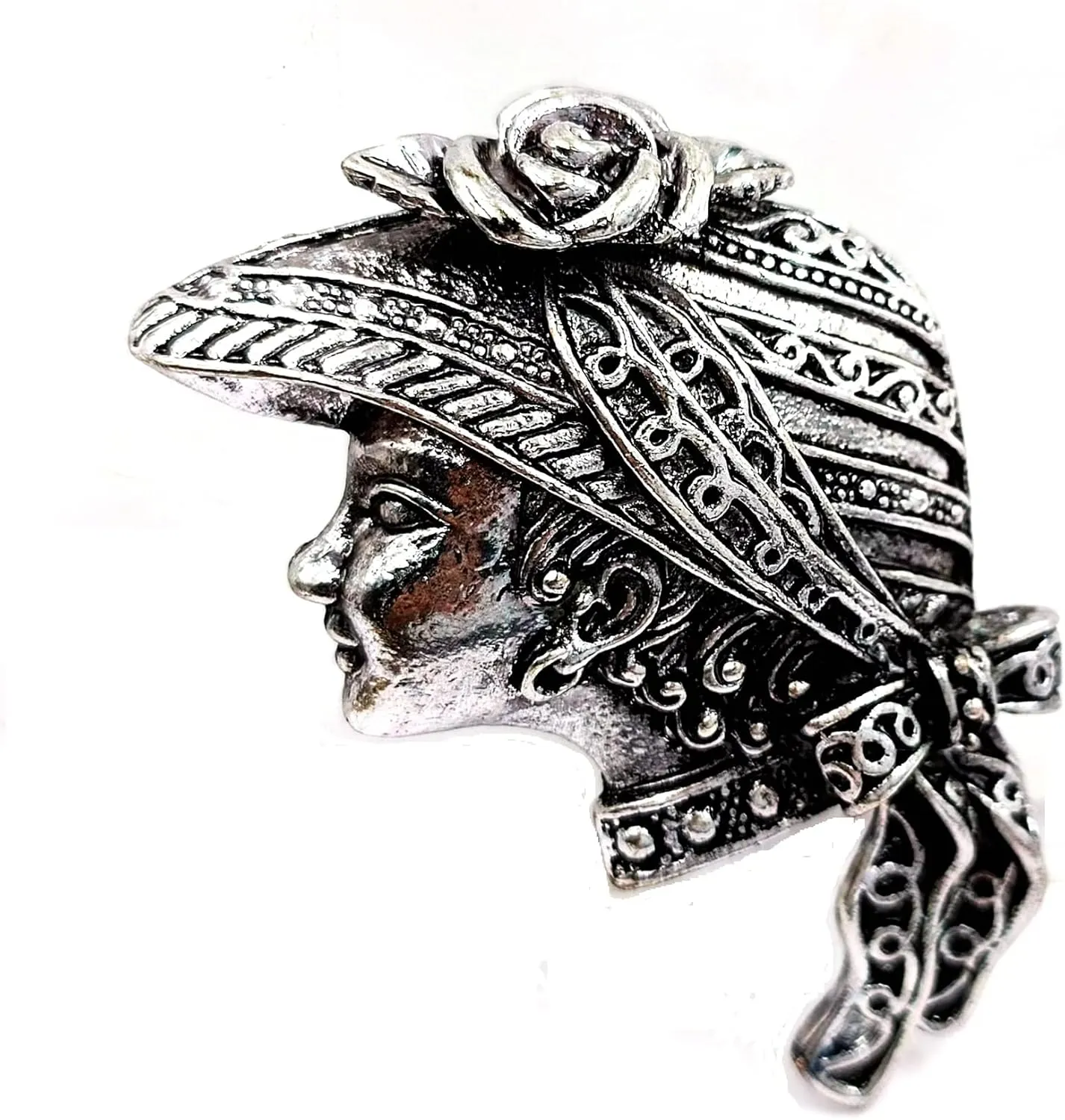 Antique Silver Tone Art Nouveau Style 3D Cast Lady Profile brooch with Hat