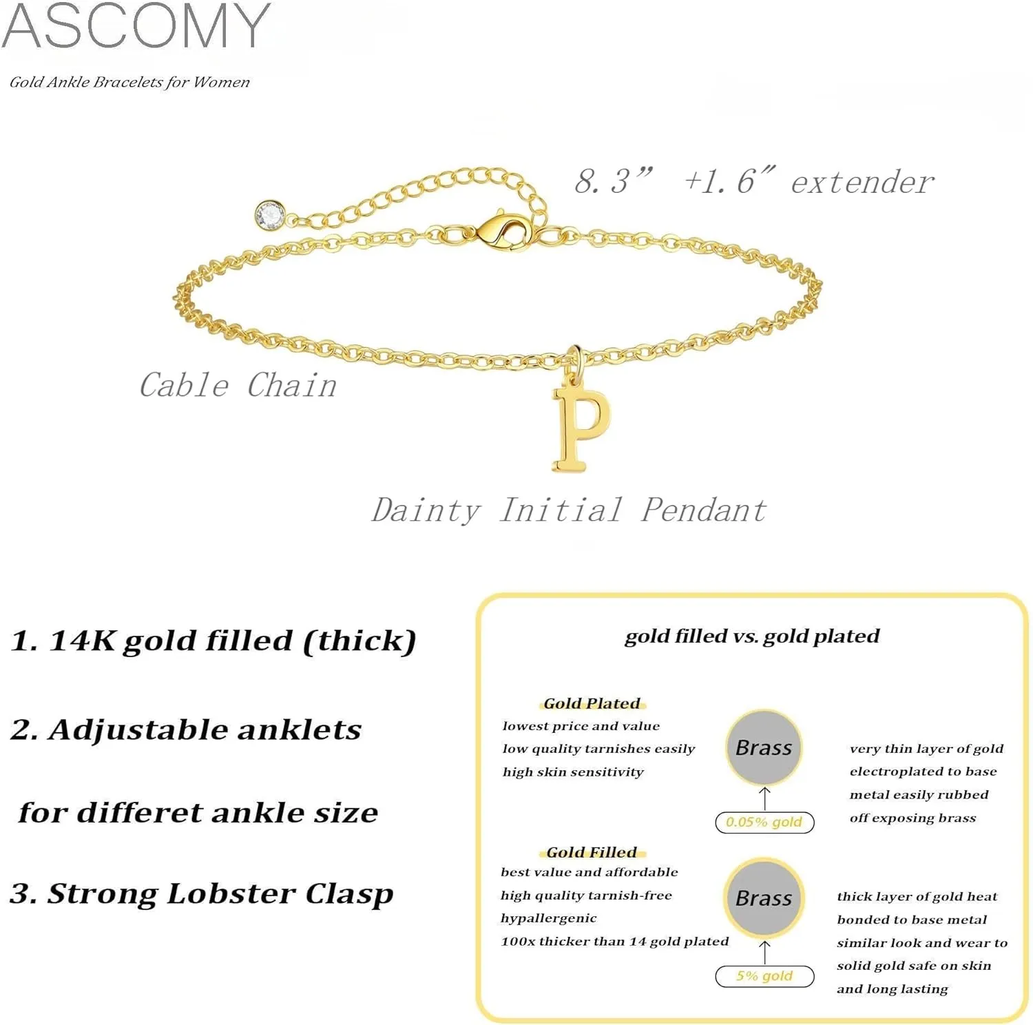 ASCOMY Ankle Bracelets for Women 14K Gold Plated Initial Anklets for Women Dainty Gold Anklets A-Z Initial Ankle Bracelets Cute Initial Pendant Anklets Summer Beach Foot Chain Jewelry Gifts