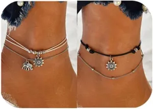 ATIMIGO 2PCS Boho Beach Layered Rope Anklet Bracelet Sunflower Elephant Charm Handmade Foot Jewelry for Women Teen