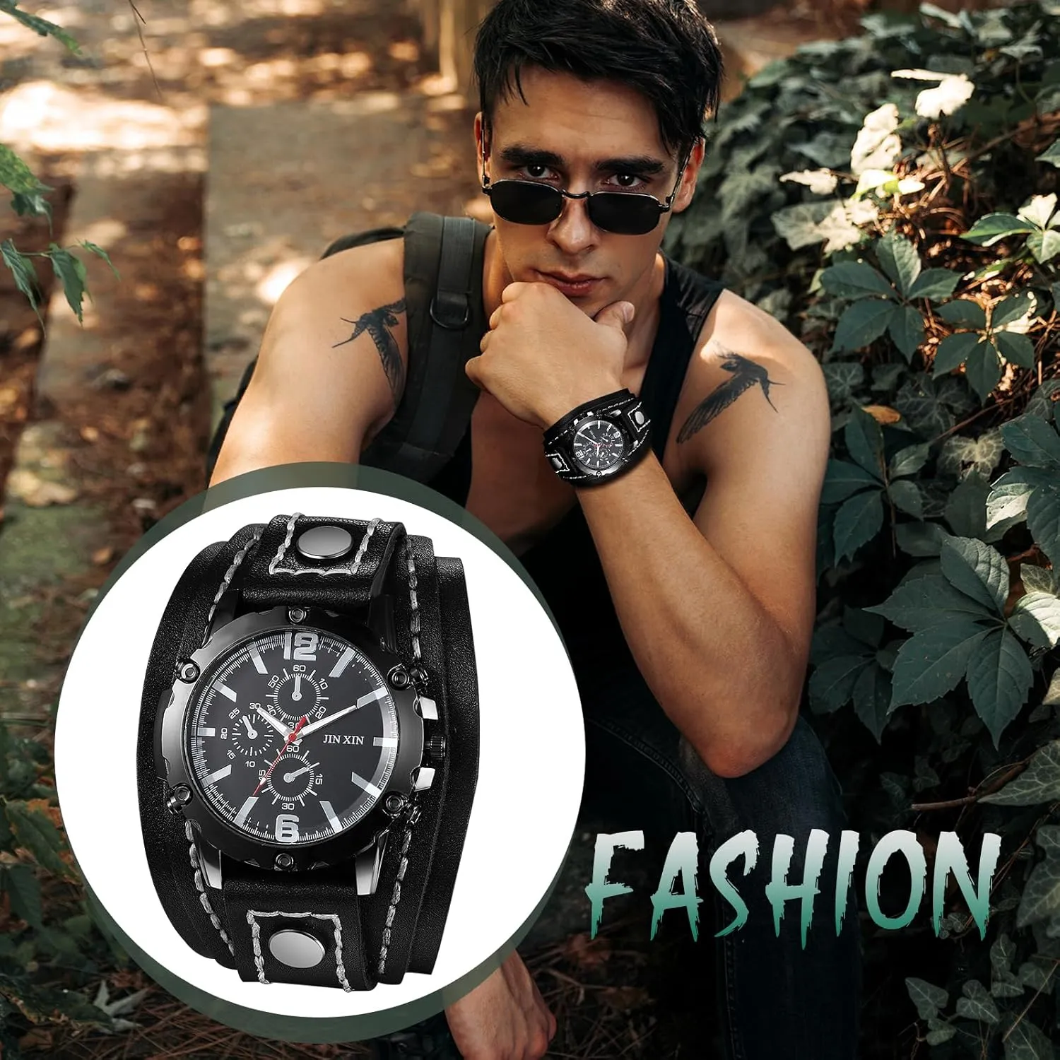Avaner Men's Punk Leather Watches: Retro Vintage Steampunk Wide Band Quartz Cuff Wrsit Watches