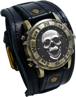 Avaner Vintage Punk Leather Watches: Retro Bronze Skull Wide Band Quartz Cuff Watches for Men