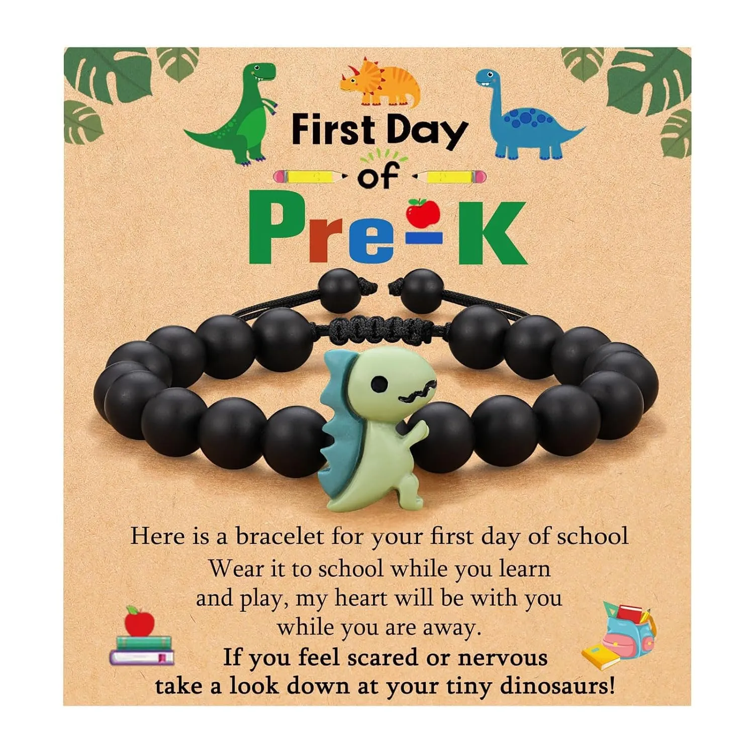 Back to School Bracelet Dinosaur Bracelet for Son/Grandson,To My Son Bracelet from Mom Handmade Adjustable Natural Stone Bead Bracelet with Warm Message Card (Pre-k)