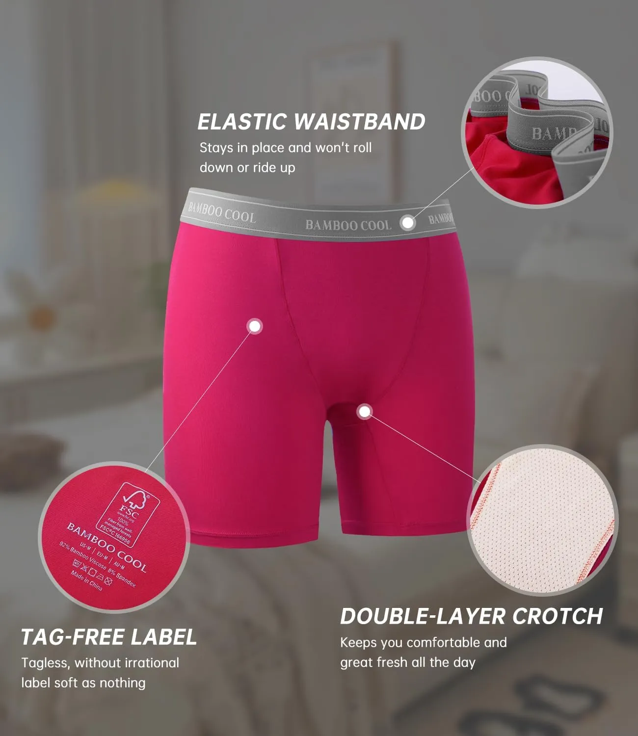 BAMBOO COOL Womens Boxer Briefs Boy Shorts Underwear Soft Stretch Panties for Women, 5-Pack