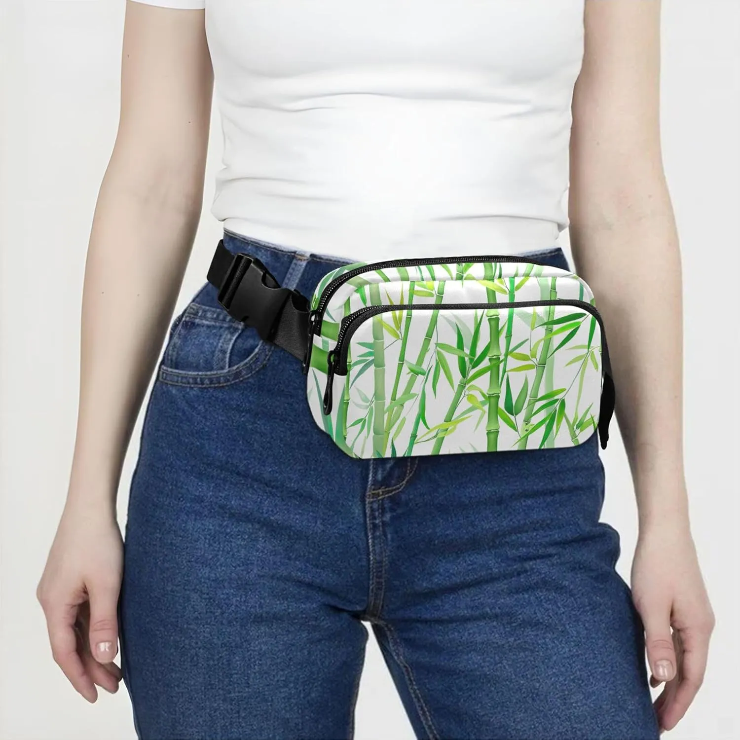 Bamboo Green Leaves White Fanny Pack for Women Waterproof Everywhere Belt Bag Cute Crossbody Waist Purse