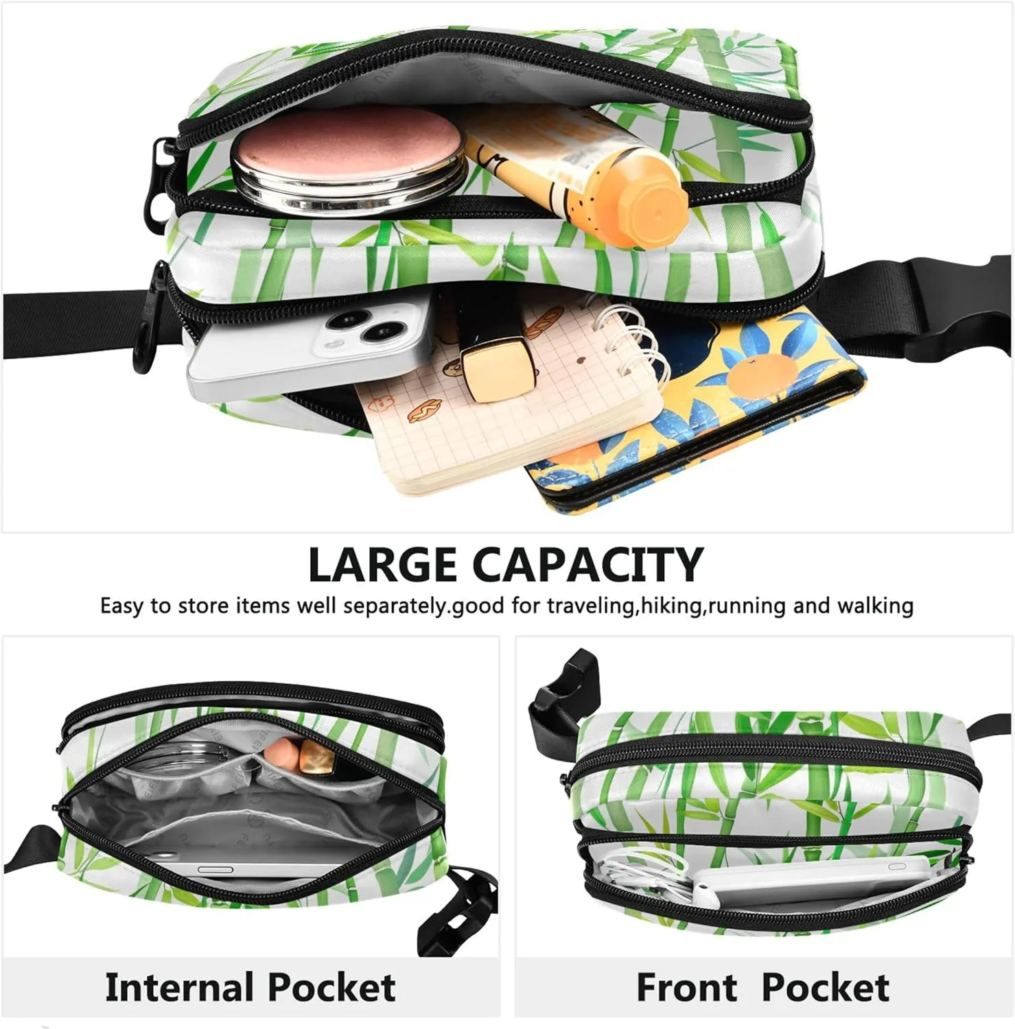 Bamboo Green Leaves White Fanny Pack for Women Waterproof Everywhere Belt Bag Cute Crossbody Waist Purse