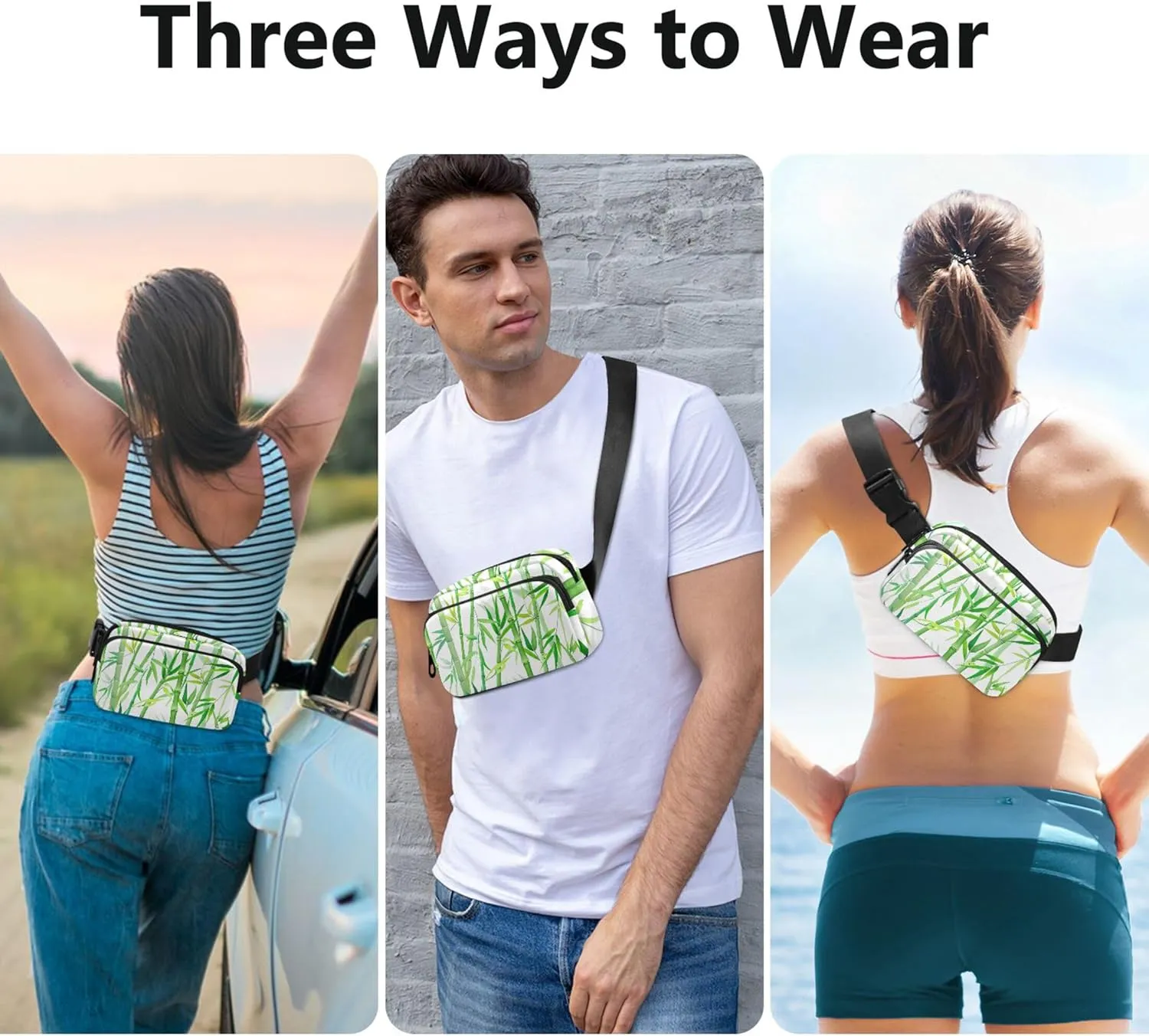 Bamboo Green Leaves White Fanny Pack for Women Waterproof Everywhere Belt Bag Cute Crossbody Waist Purse