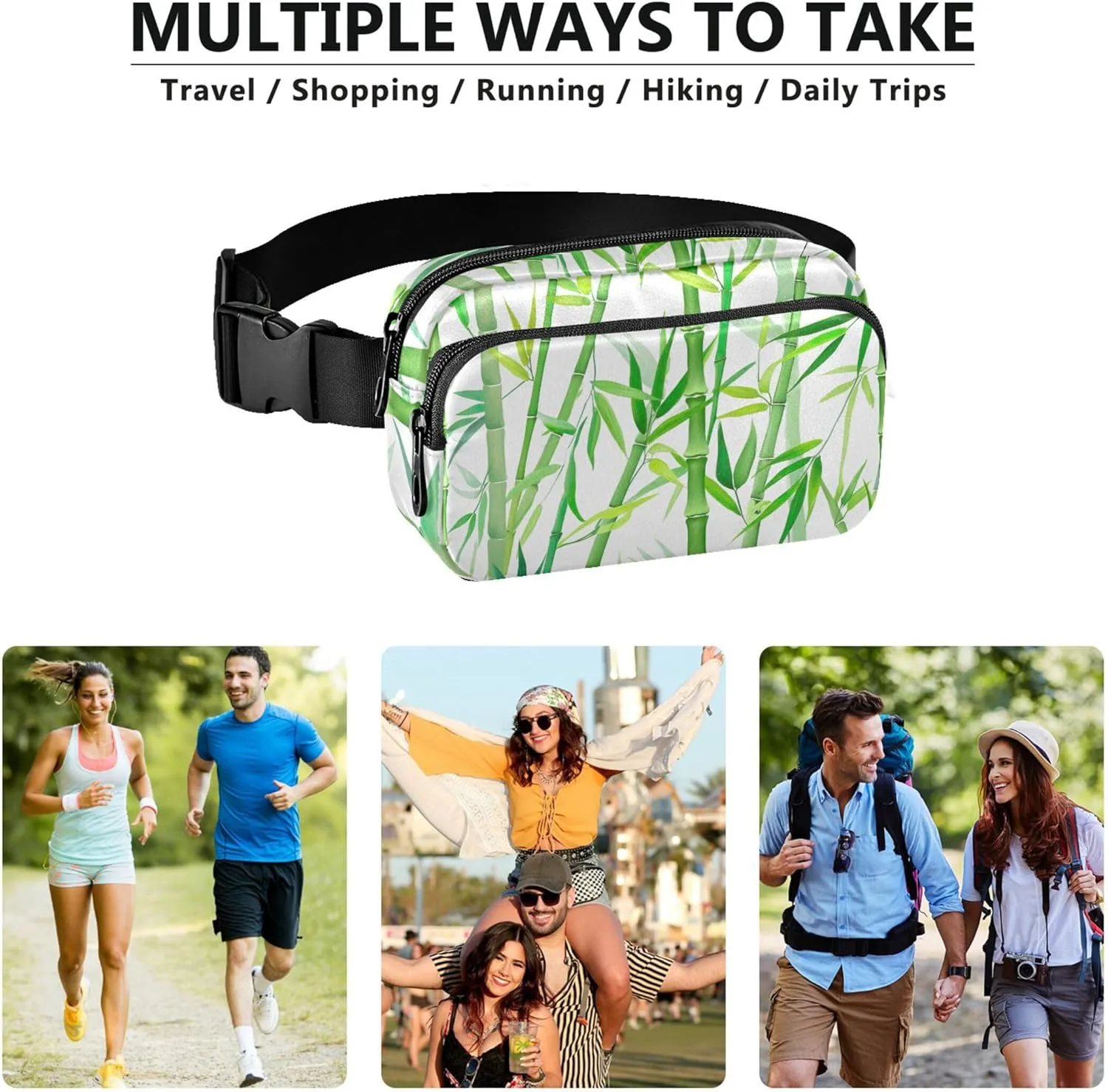 Bamboo Green Leaves White Fanny Pack for Women Waterproof Everywhere Belt Bag Cute Crossbody Waist Purse