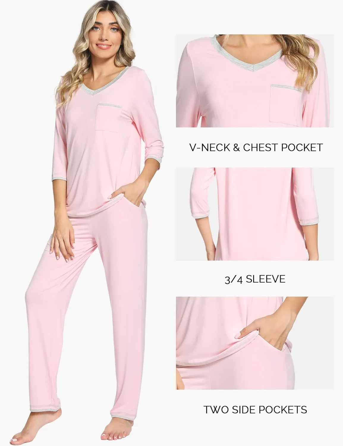 Bamboo Viscose Pajamas for Women 3/4 Sleeve Pajama Set Soft V Neck Sleep Lounge Set Sleepwear