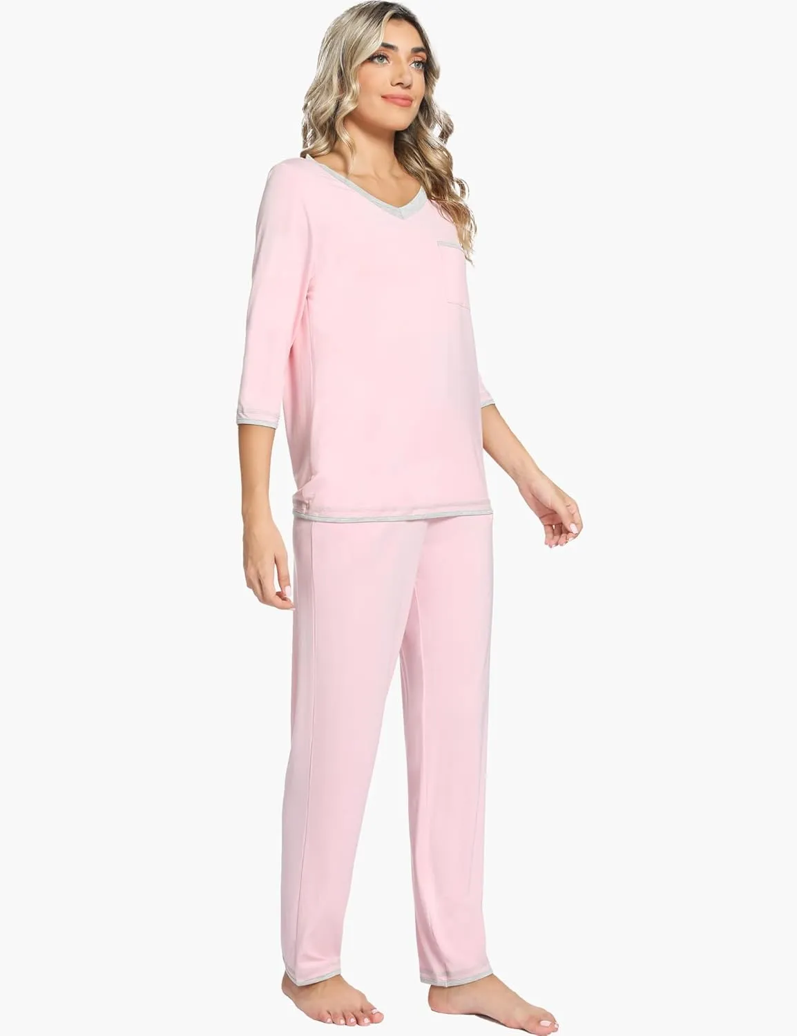 Bamboo Viscose Pajamas for Women 3/4 Sleeve Pajama Set Soft V Neck Sleep Lounge Set Sleepwear