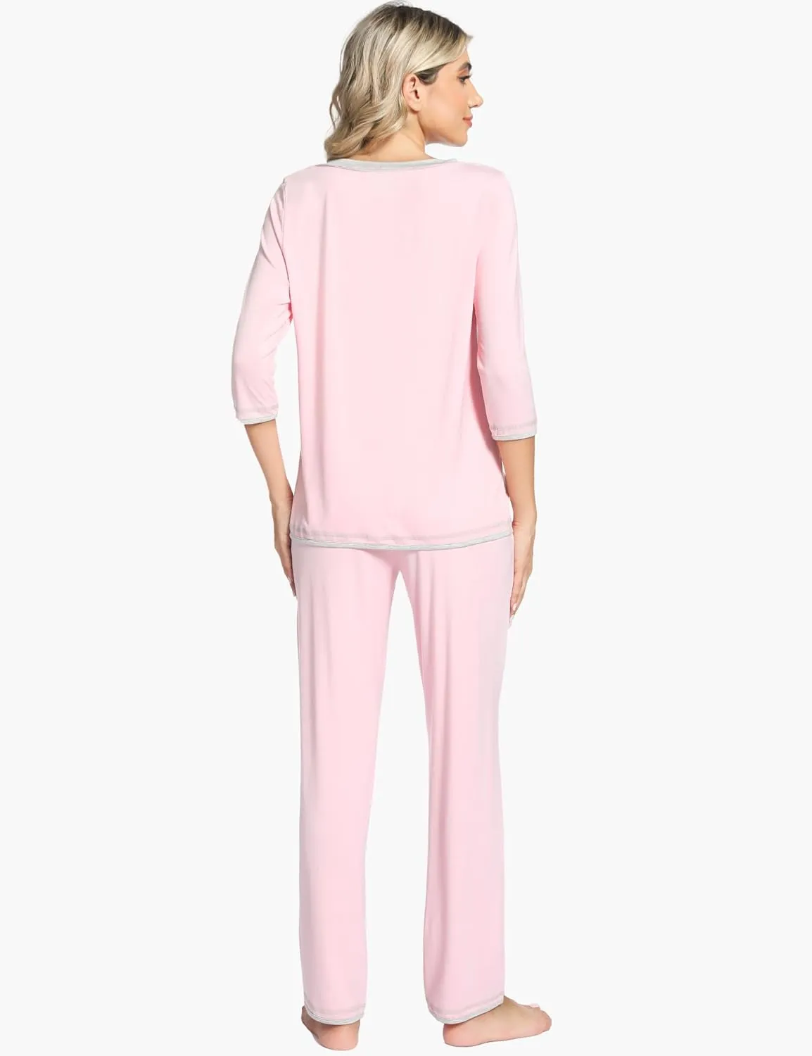 Bamboo Viscose Pajamas for Women 3/4 Sleeve Pajama Set Soft V Neck Sleep Lounge Set Sleepwear