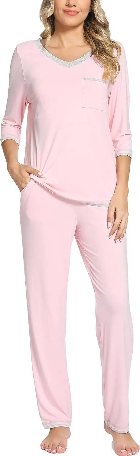 Bamboo Viscose Pajamas for Women 3/4 Sleeve Pajama Set Soft V Neck Sleep Lounge Set Sleepwear