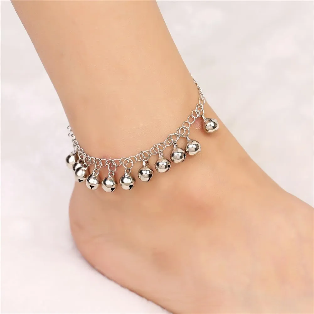 Bangle anklet with bells for Women 18k Gold/Silver Dainty Waterproof Charm Anklet Plus Size Good Luck Boho Beach Adjustable Indian Cute Bell Ankle Bracelet Jewelry for Women Teen Girls