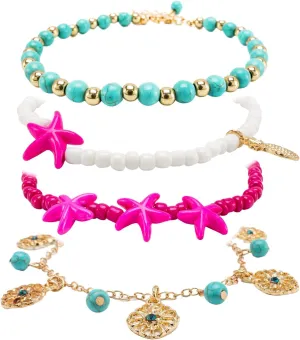 Beach Anklets for Women, Beaded Starfish Shell Boho Ankle Jewelry 14K Gold Plated Dainty Cute 2-layered butterfly Anklets Elastic String Adjustable Handmade Bracelets Foot Jewelry Set