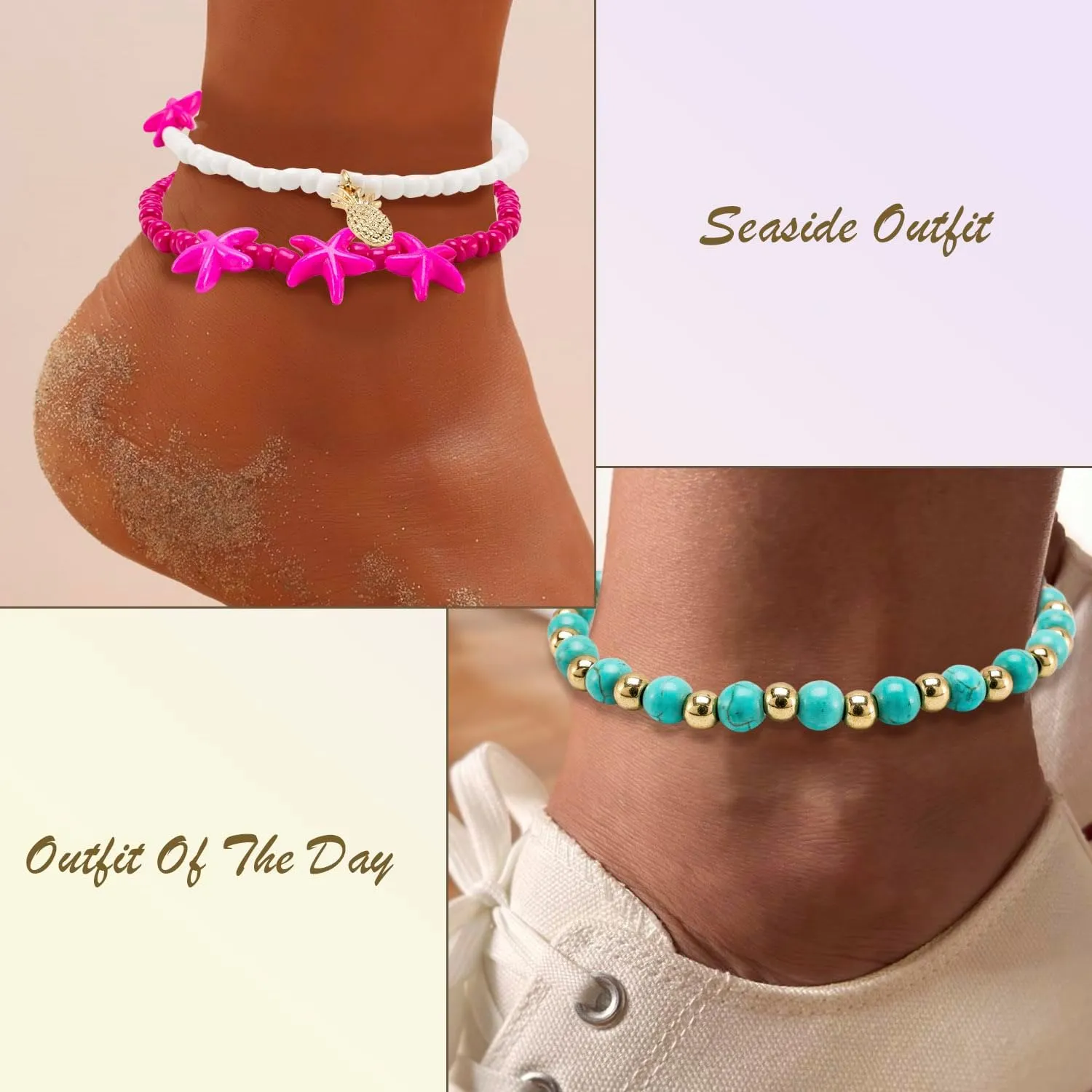 Beach Anklets for Women, Beaded Starfish Shell Boho Ankle Jewelry 14K Gold Plated Dainty Cute 2-layered butterfly Anklets Elastic String Adjustable Handmade Bracelets Foot Jewelry Set