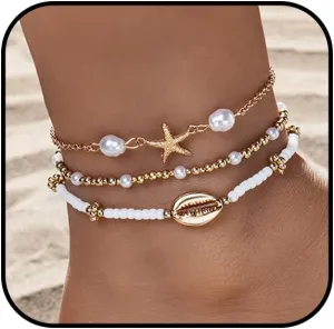 Beaded Anklet for Women Adjustable Gold Boho Shell Anklet Hawaiian Beach Starfish Ankle Bracelet Seashell Pearl Conch Anklets Summer Ocean Foot Jewelry