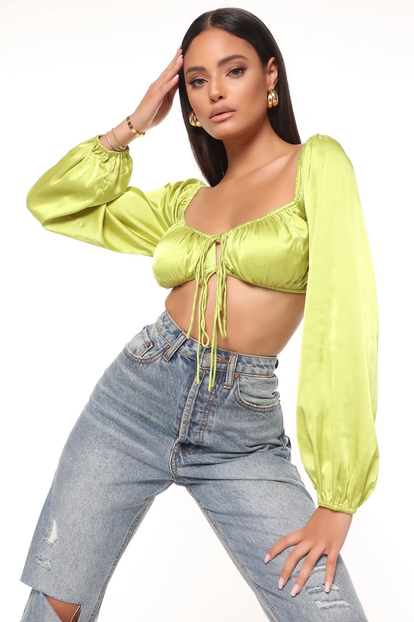 Beauty Mode Satin Crop Top - Lime
