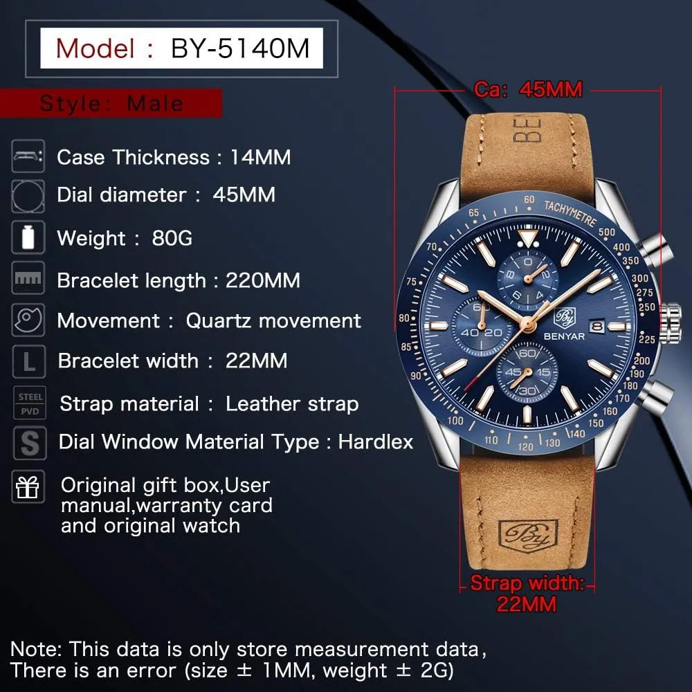 BENYAR - Stylish Wrist Watch for Men Silicone Strap Watches Quartz Movement, Waterproof and Scratch Resistant, Analog Chronograph Business Watch Mens Gift