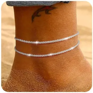 BERISO Ankle Bracelets for Women 14k Gold Plated Dainty Layered Diamond Waterproof Evil Eye CZ Anklets Set Stackable for Women Trendy Adjustable Size Jewelry Gifts for Women