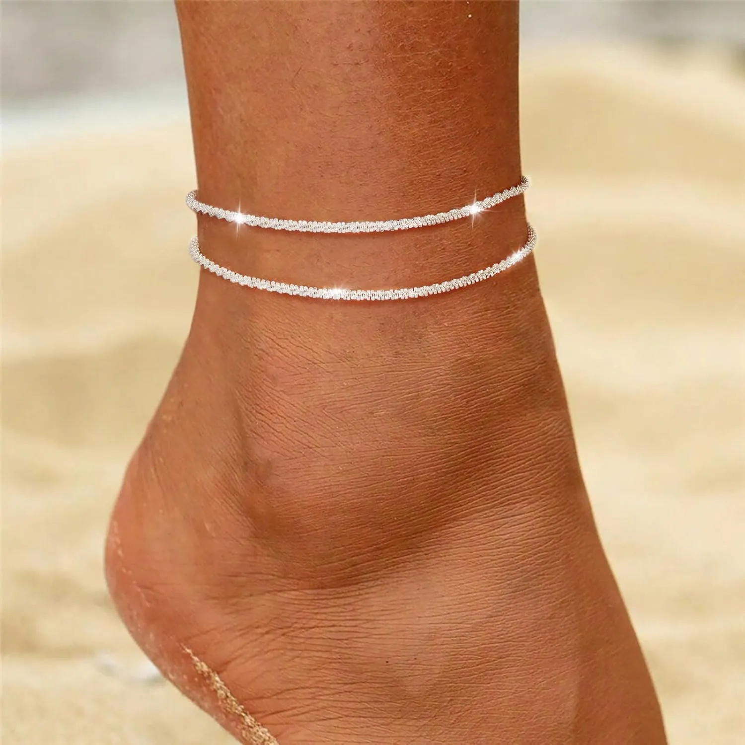 BERISO Ankle Bracelets for Women 14k Gold Plated Dainty Layered Diamond Waterproof Evil Eye CZ Anklets Set Stackable for Women Trendy Adjustable Size Jewelry Gifts for Women