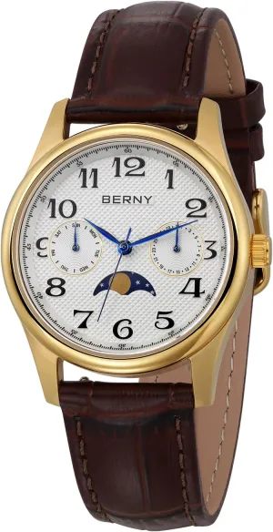 BERNY Gold Watch for Women Moon Phase Watches Ladies Quartz Wristwatch Easy Read Arabic Numerals Dial Multi-Function Analog Watches Stainless Steel Case Sub-dail with Date Day Calendar