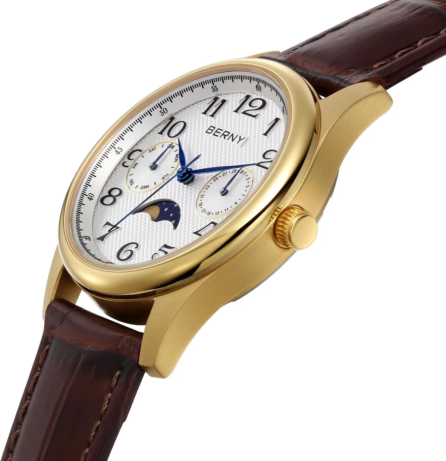 BERNY Gold Watch for Women Moon Phase Watches Ladies Quartz Wristwatch Easy Read Arabic Numerals Dial Multi-Function Analog Watches Stainless Steel Case Sub-dail with Date Day Calendar
