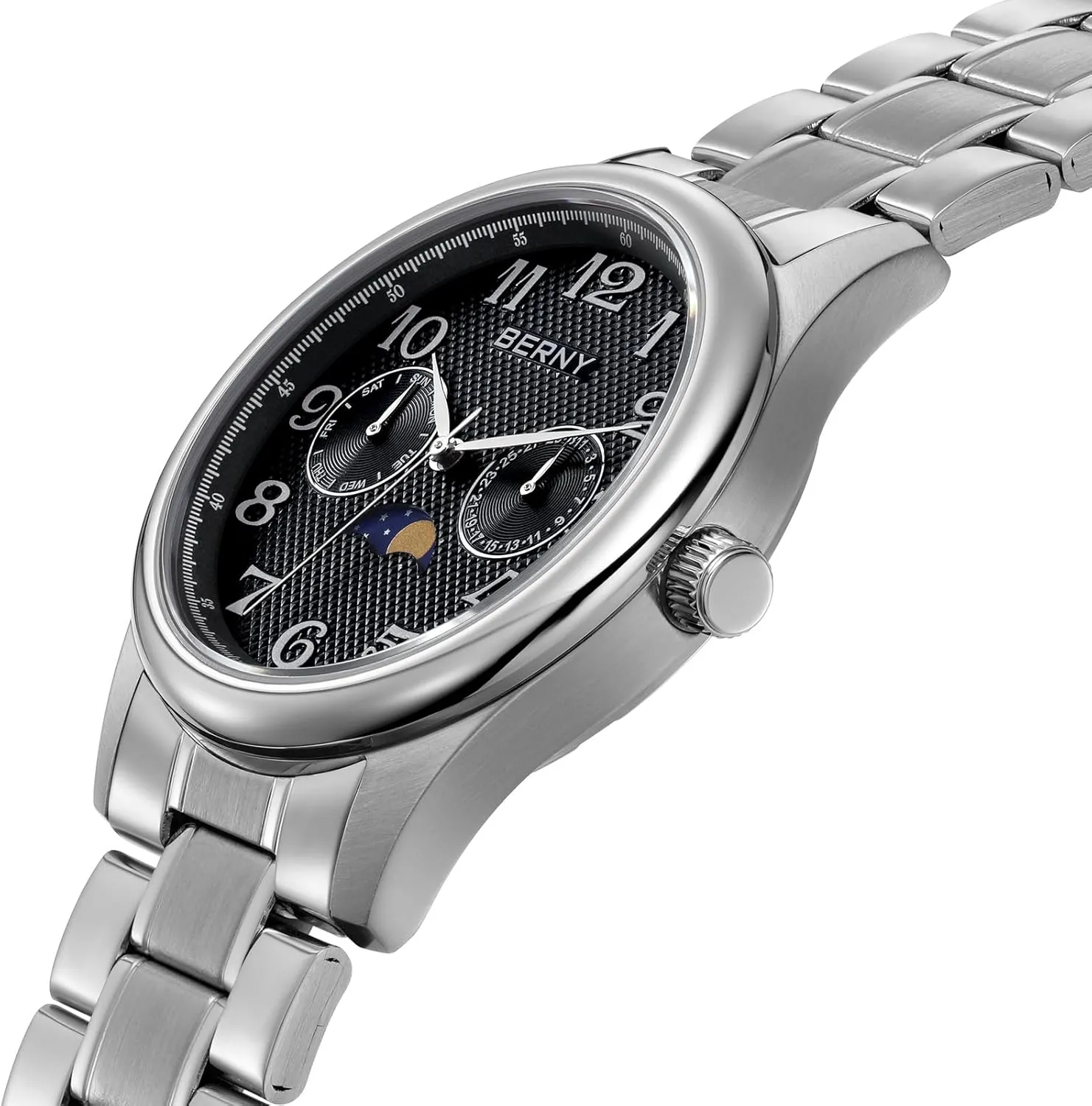 BERNY Silver Watch for Men Moon Phase Watches Multi-Function Quartz Wristwatch Easy Read Arabic Numerals Dial Analog Watches Stainless Steel Case Sub-dail with Date Day Calendar