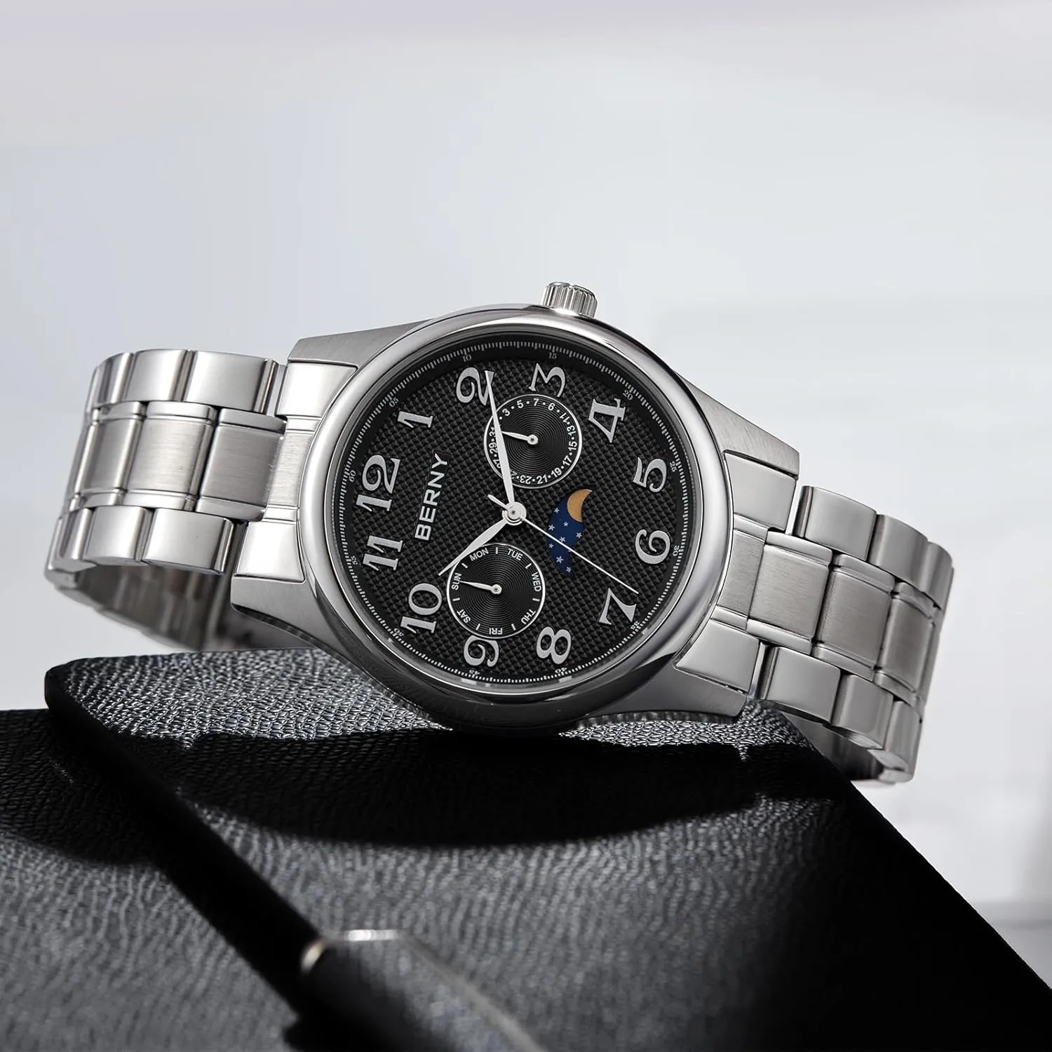 BERNY Silver Watch for Men Moon Phase Watches Multi-Function Quartz Wristwatch Easy Read Arabic Numerals Dial Analog Watches Stainless Steel Case Sub-dail with Date Day Calendar