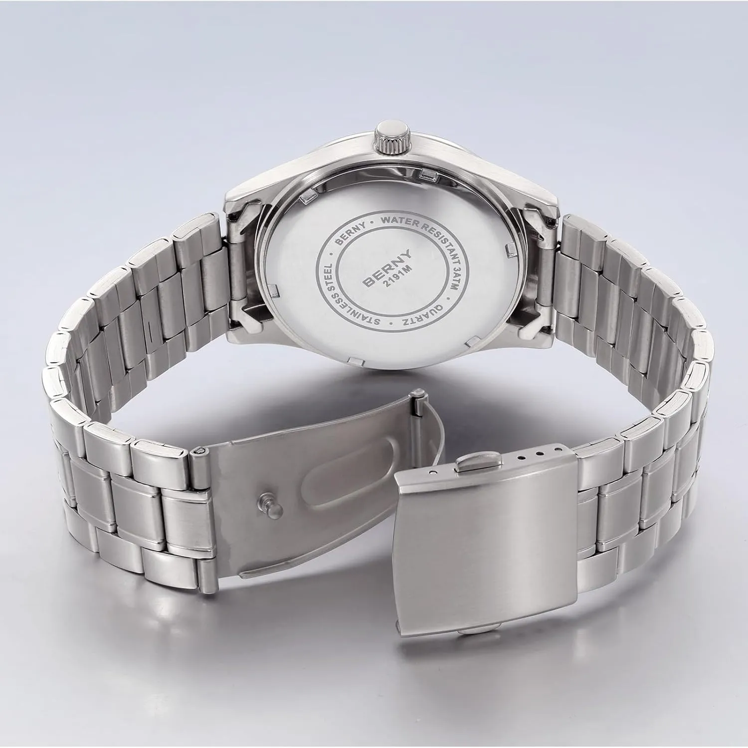 BERNY Silver Watch for Men Moon Phase Watches Multi-Function Quartz Wristwatch Easy Read Arabic Numerals Dial Analog Watches Stainless Steel Case Sub-dail with Date Day Calendar
