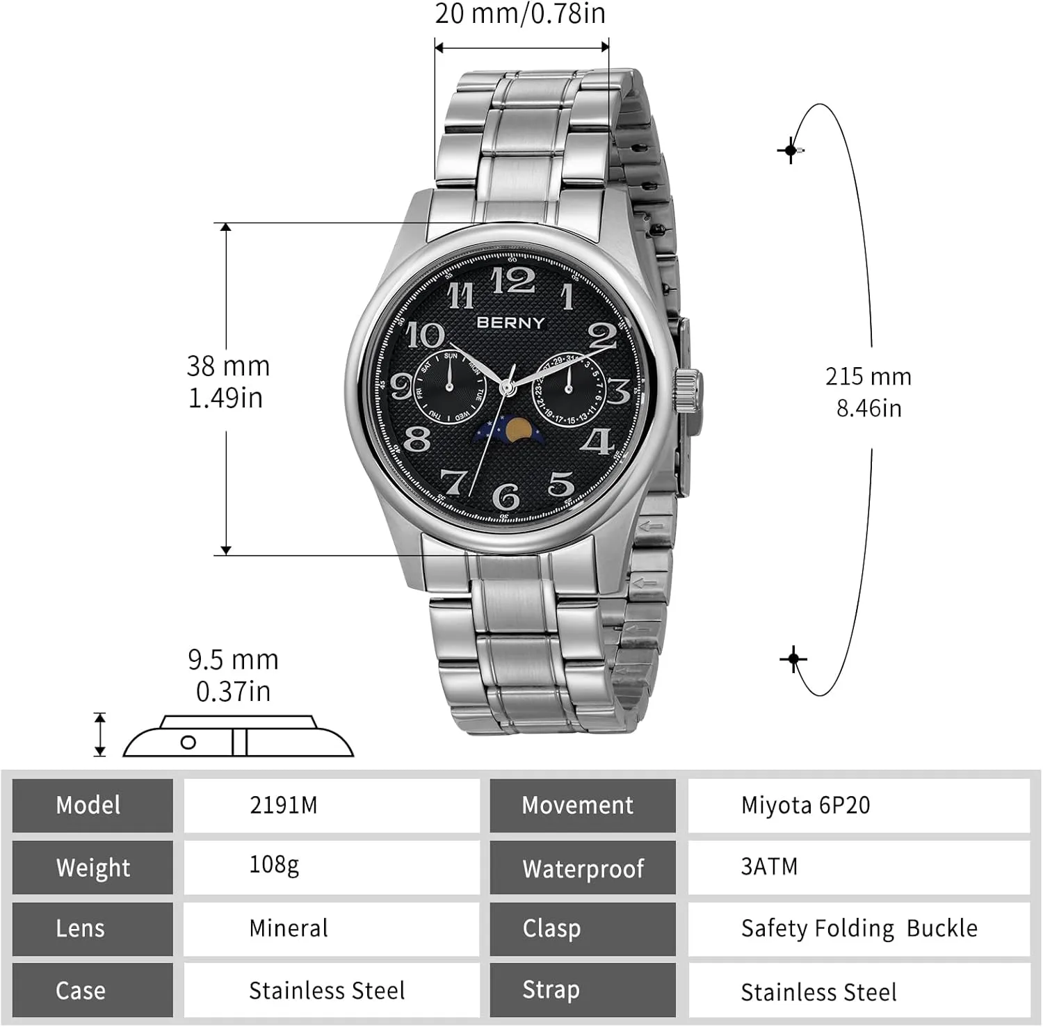 BERNY Silver Watch for Men Moon Phase Watches Multi-Function Quartz Wristwatch Easy Read Arabic Numerals Dial Analog Watches Stainless Steel Case Sub-dail with Date Day Calendar