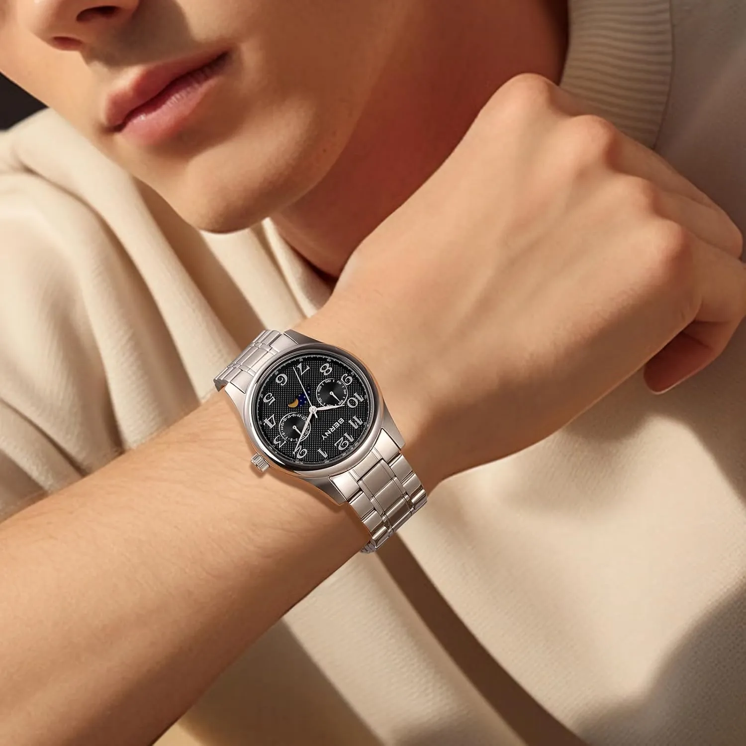 BERNY Silver Watch for Men Moon Phase Watches Multi-Function Quartz Wristwatch Easy Read Arabic Numerals Dial Analog Watches Stainless Steel Case Sub-dail with Date Day Calendar