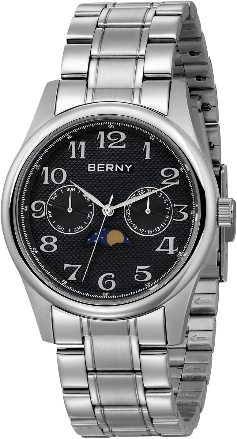 BERNY Silver Watch for Men Moon Phase Watches Multi-Function Quartz Wristwatch Easy Read Arabic Numerals Dial Analog Watches Stainless Steel Case Sub-dail with Date Day Calendar