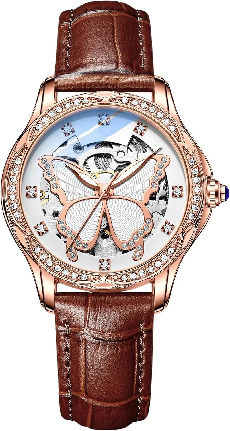 BESTKANG Women's Automatic Watches for Women Ladies Mechanical Wrist Watches Luxury Skeleton Dial Butterfly Diamond No Battery Watch for Women