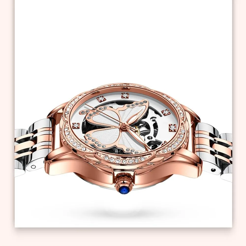 BESTKANG Women's Automatic Watches for Women Ladies Mechanical Wrist Watches Luxury Skeleton Dial Butterfly Diamond No Battery Watch for Women