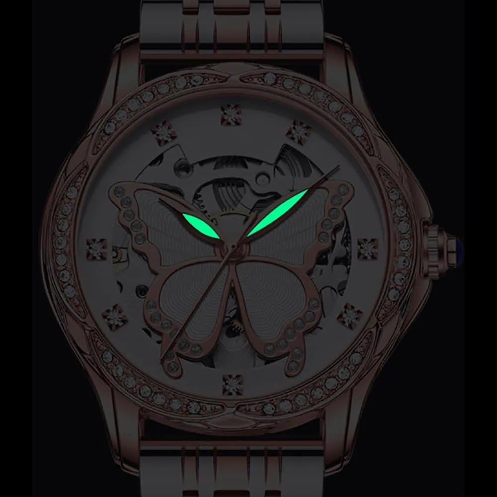 BESTKANG Women's Automatic Watches for Women Ladies Mechanical Wrist Watches Luxury Skeleton Dial Butterfly Diamond No Battery Watch for Women