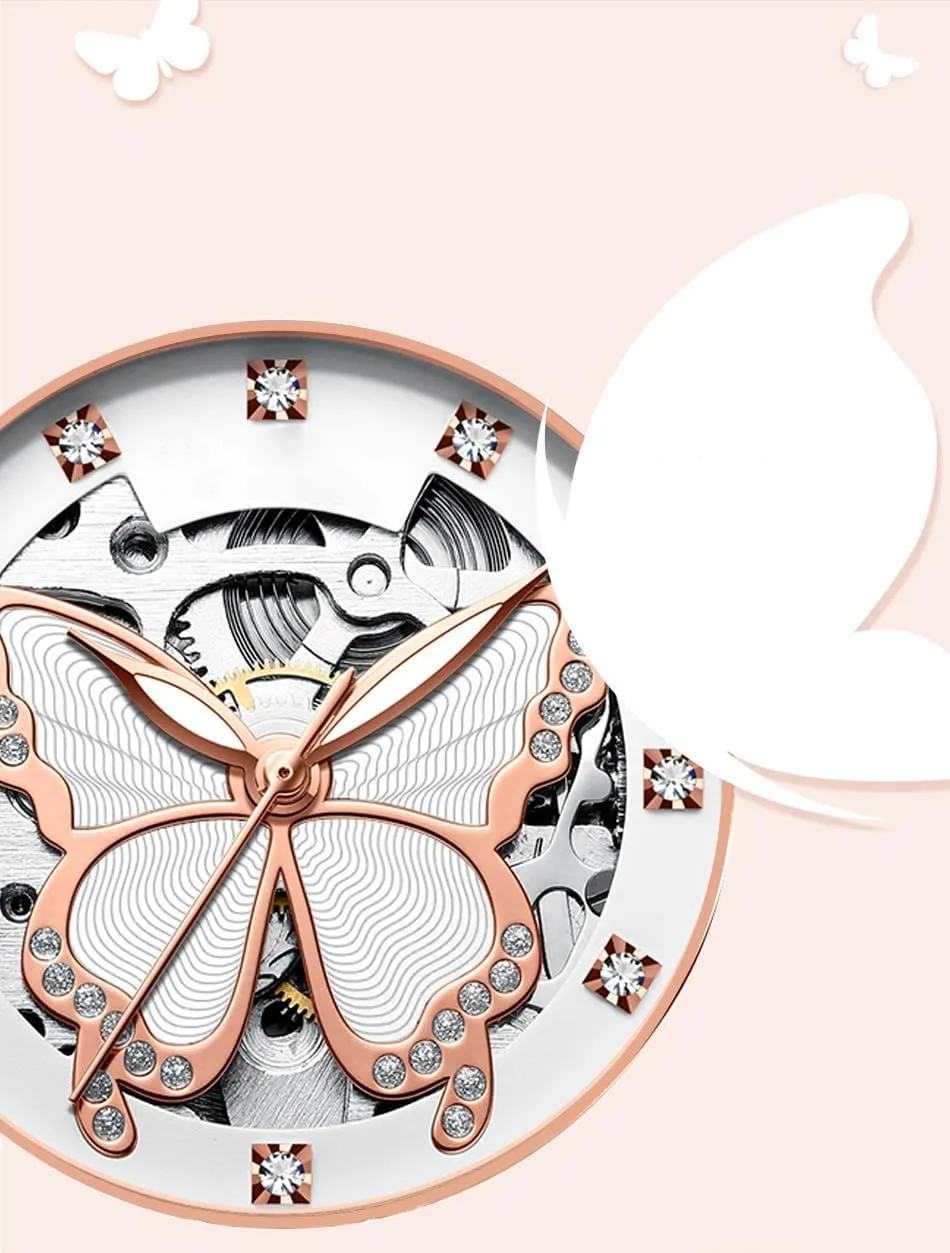 BESTKANG Women's Automatic Watches for Women Ladies Mechanical Wrist Watches Luxury Skeleton Dial Butterfly Diamond No Battery Watch for Women