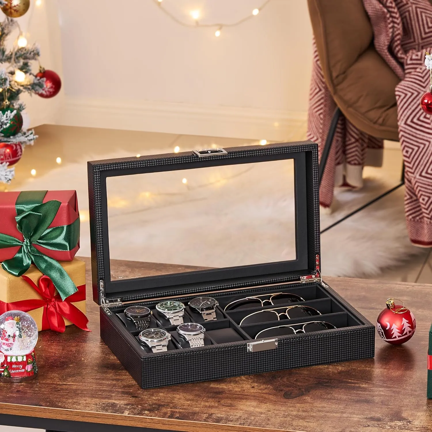 BEWISHOME Watch Box Sunglass Organizer with Real Glass Top, 6 Watch Case and 3 Slots Sunglasses Box for Men, Carbon Fiber Design, Black SSH18C