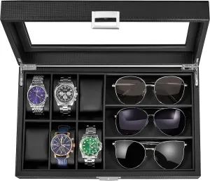 BEWISHOME Watch Box Sunglass Organizer with Real Glass Top, 6 Watch Case and 3 Slots Sunglasses Box for Men, Carbon Fiber Design, Black SSH18C