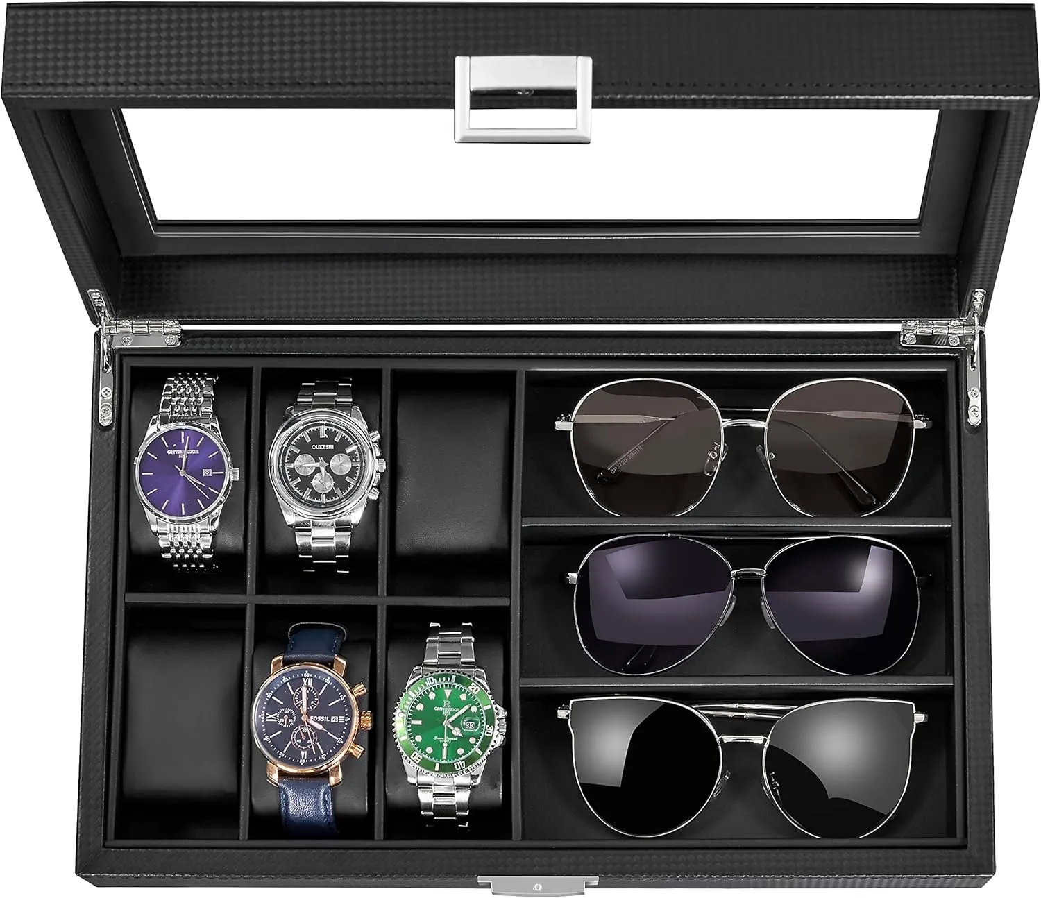 BEWISHOME Watch Box Sunglass Organizer with Real Glass Top, 6 Watch Case and 3 Slots Sunglasses Box for Men, Carbon Fiber Design, Black SSH18C