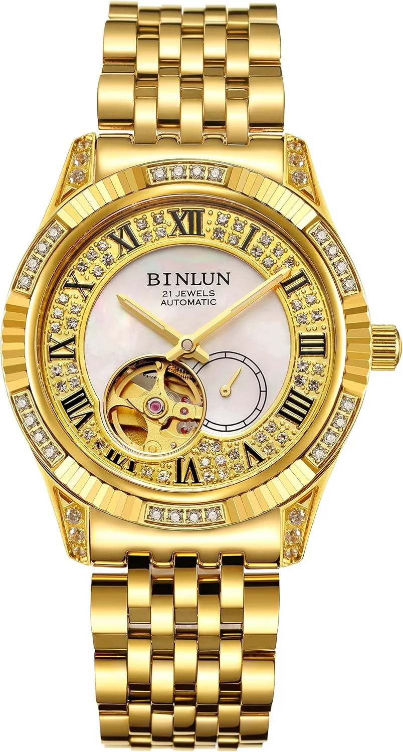 BINLUN Men Wrist Watch Automatic Mechanical Gold Watch Self-Winding Stylish Men's Watches 18K Gold-Plated Luxury Wrist Watches for Men